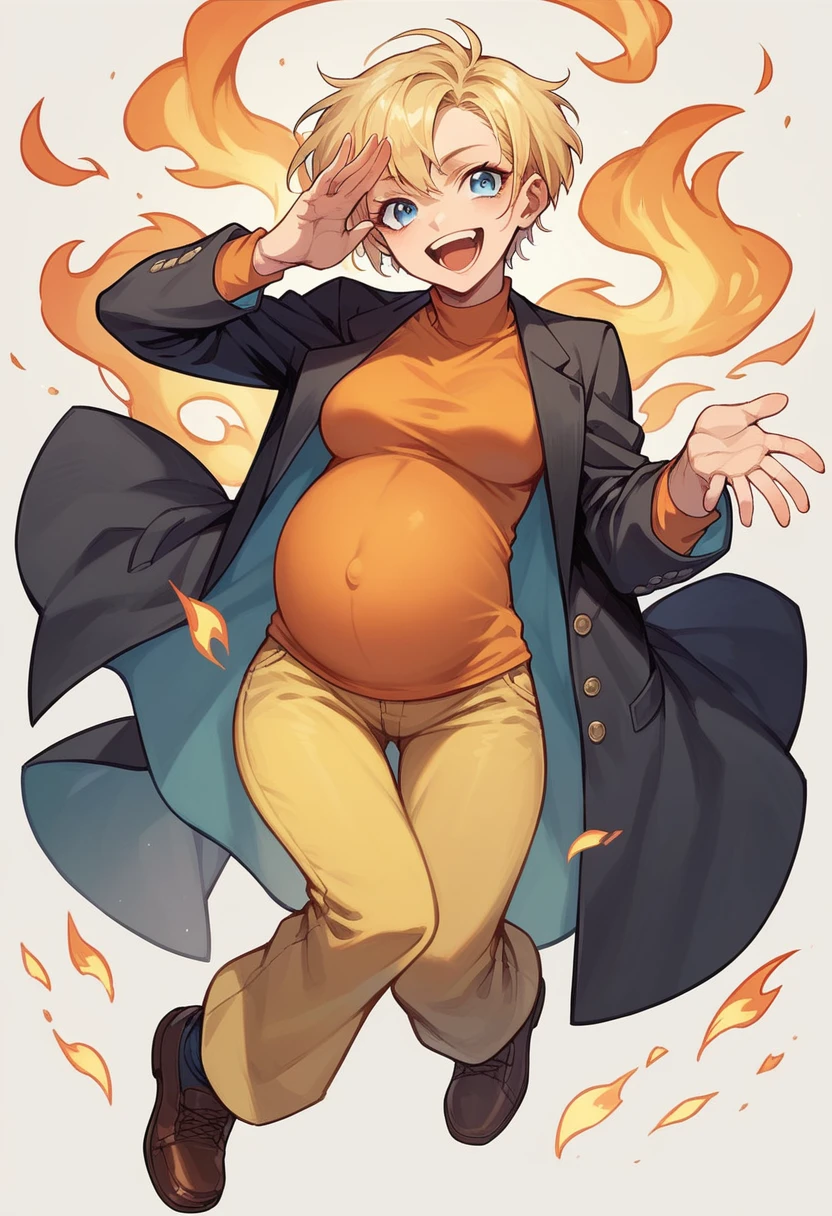 pregnant badass girl with long short blonde hair, blue eyes, orange shirt, black blazer, dark yellow pants, brown shoes, happy, with flames