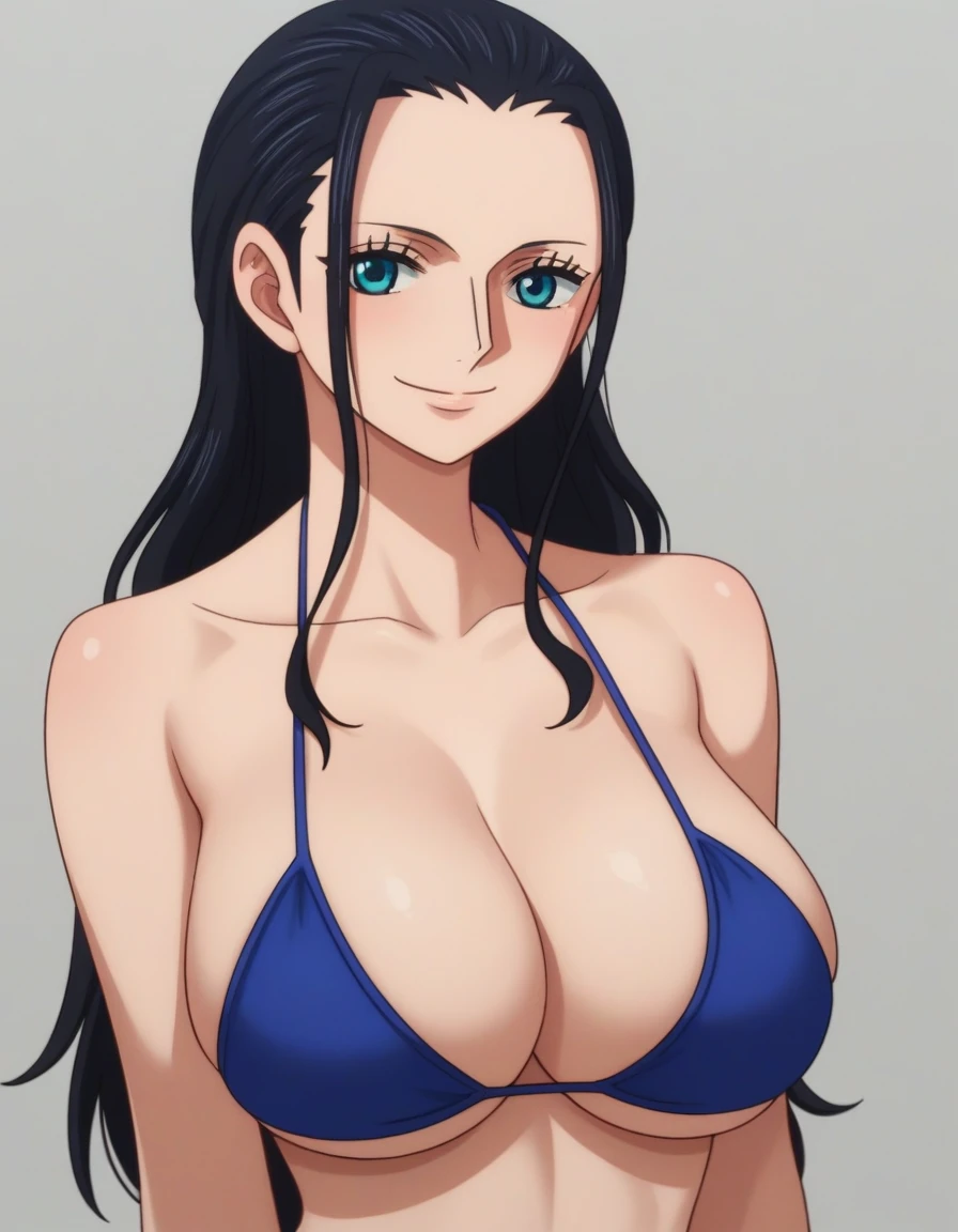 score_9, score_8_up, score_7_up, source_anime, one_piece_wano_style, Nico Robin, black hair, long hair, blue eyes, large breasts, perfect body, bikini, looking at viewer, smile, cleavage, from front, upper body