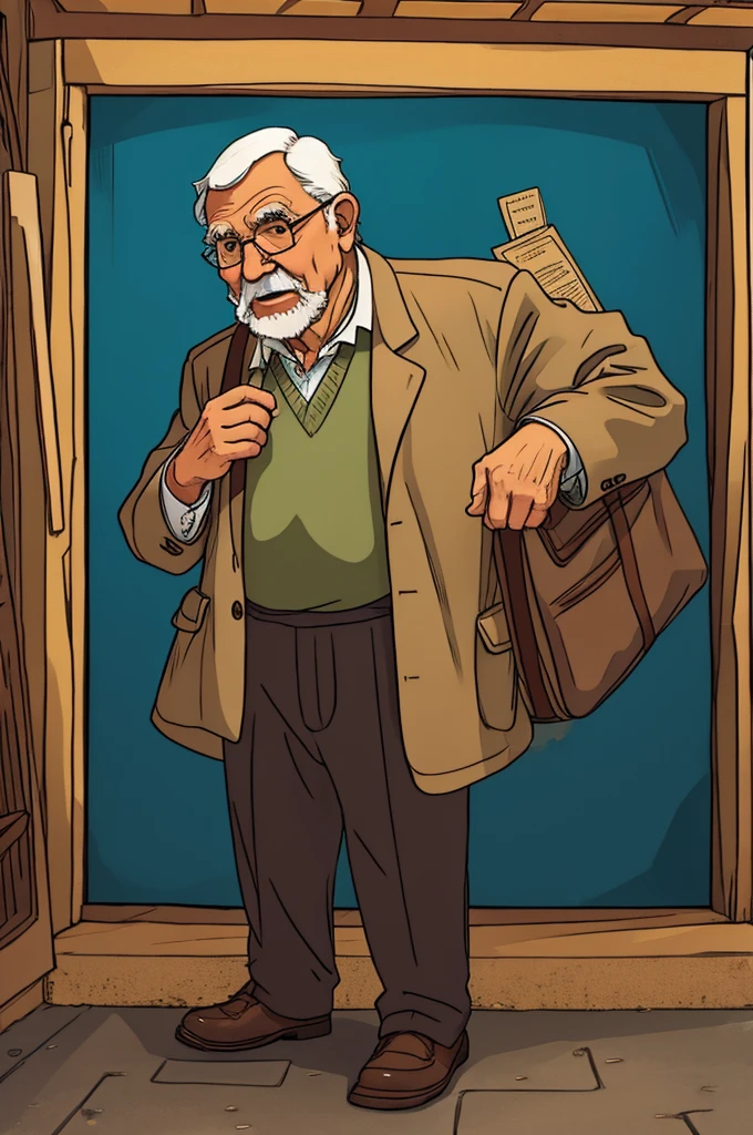 an old man who loves to say things out of turn and doesn't care about anything, He's light brown, very short semi-bald hair, old clothes and always with a smile on her face and has a magic bag that throws shit