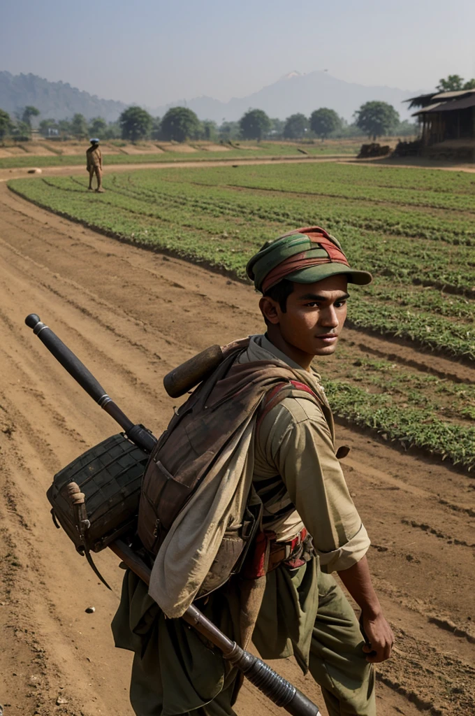 ((best quality)), ((masterpiece)), (detailed), perfect face nepali boys working on a farm carrying m416 on his back  massive damage ground after world war with Dhaka topi on his head and in old clothes working 
