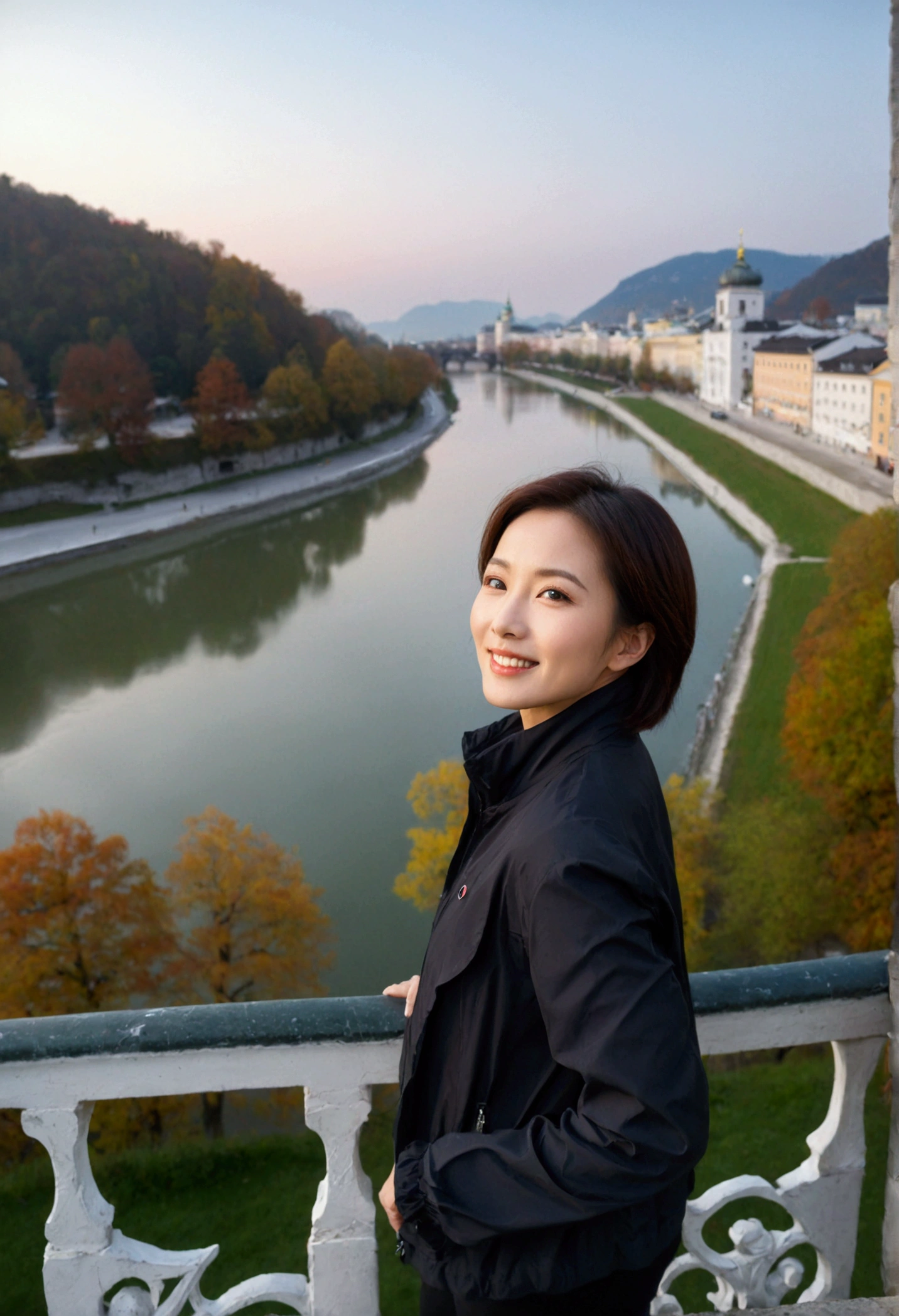 high quality, 1 woman, ((36-year-old healthy Korean woman)), ((36 years old)), 1 woman, eyes are big and beautiful. ((slim)), ((short medium hair)), Smile. pose: standing, windbreaker jacket, background:Your residence is a baroque townhouse with a plaster façade and wrought iron railings.. Overlooking the Salzach River and Hohensalzburg Fortress, red light of sunset, looking slightly up, 1 woman, Full body shot with Canon 16-34 wide angle lens, river view, looking up the side, There is a thick fog on the river.