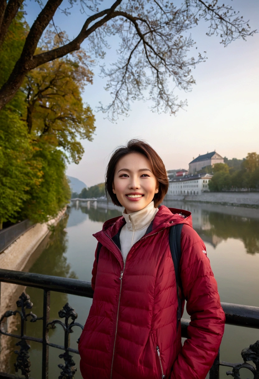 high quality, 1 woman, ((36-year-old healthy Korean woman)), ((36 years old)), 1 woman, eyes are big and beautiful. ((slim)), ((short medium hair)), Smile. pose: standing, windbreaker jacket, background:Your residence is a baroque townhouse with a plaster façade and wrought iron railings.. Overlooking the Salzach River and Hohensalzburg Fortress, red light of sunset, looking slightly up, 1 woman, Full body shot with Canon 16-34 wide angle lens, river view, looking up the side, There is a thick fog on the river.