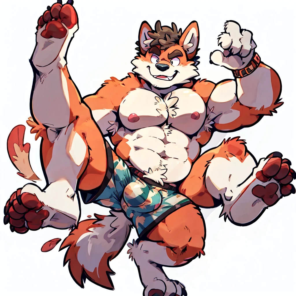 Wolf, By Haps, 1boy, abs, animal ears, bara, bulge, full body, white background, Seminude, Boxers, side, Falling, feet