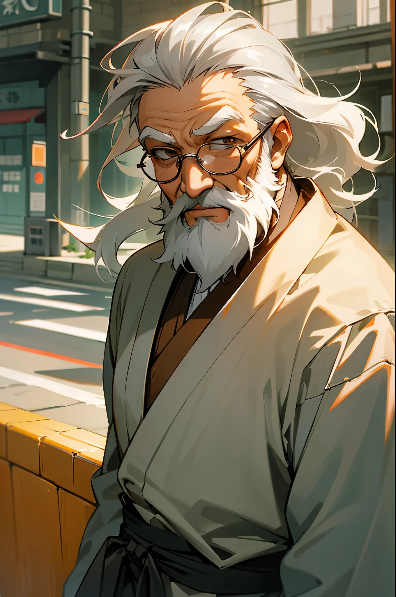 Anime, friendly old wrinkled man, with wavy gray hair, wearing light orange haori, wearing silver glasses, wise, and compassionate, town background, street level, bearded,