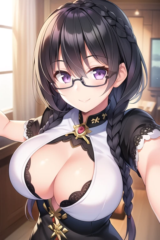 (One girl), (Black Hair:1.1), (Braiding:1.1), (Glasses), (Purple eyes), (smile), (Large Breasts), (Intricate iris detail), (Selfie)