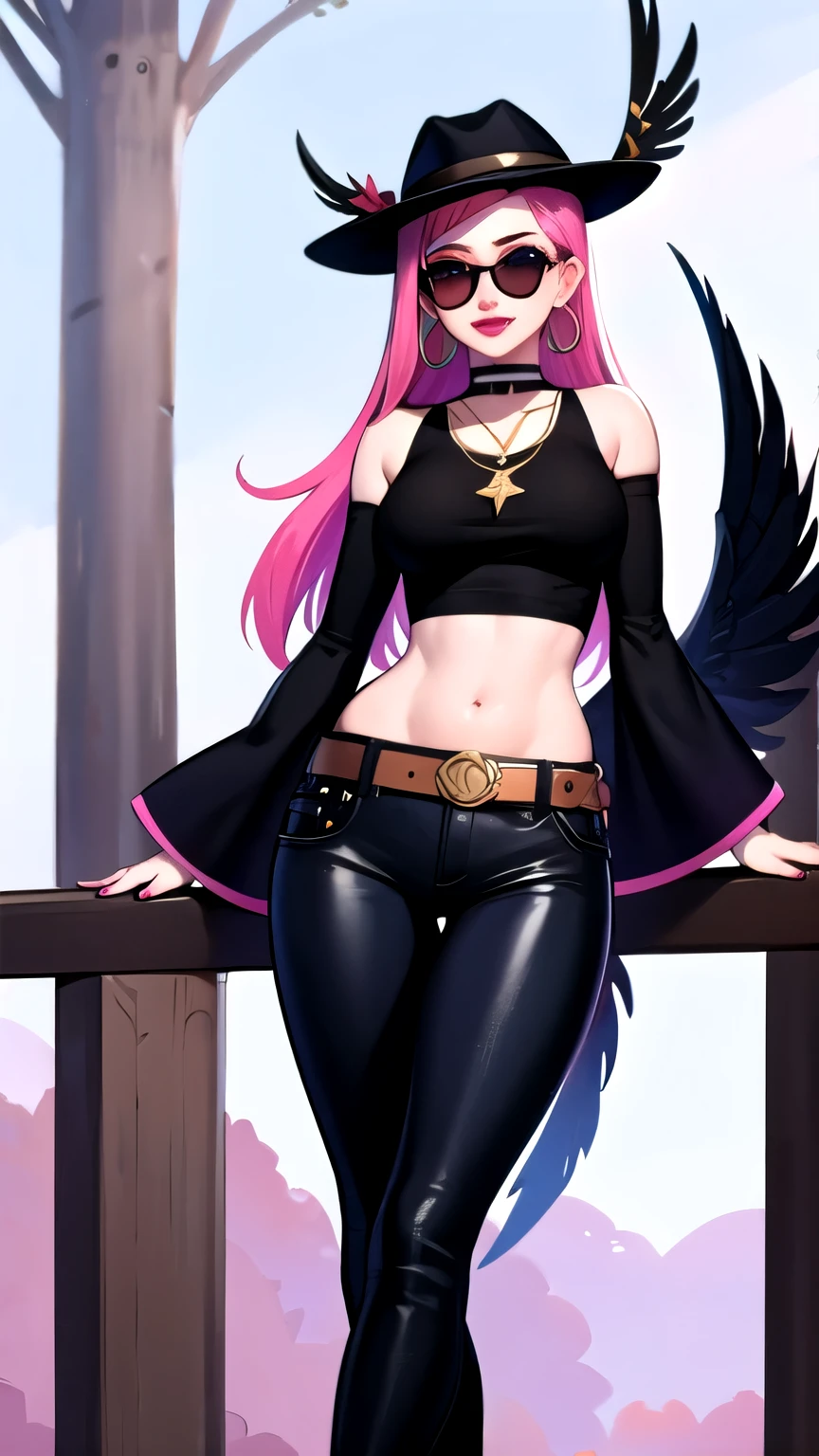 (masterpiece, best quality:1.2), 1girl, solo, city background, haze \(fortnite\), Harpy Haze From fortnite, 1girl, earrings, glasses, hat, jewelry, lips, long hair, looking at viewer, makeup, nail polish, pink eyes, pink hair, pink nails, smile, sunglasses, tinted eyewear, belt, black pants, crop top, eyeshadow, midriff, navel, pants, choker, fingernails, round eyewear, sharp fingernails, standing, black feathers, black headwear, hoop earrings, horned headwear, horns, denim, winged arms, feather trim, star \(symbol\), elbow gloves, dark pink lips, feathers, heels, shoes, angel wings, bangle, black wings, crop top overhang, feathered wings, harpy, low wings, multicolored hair, multicolored wings, pink wings, wings, fingerless gloves, high heels, shirt, long fingernails, boater hat, bootcut pants, leather pants, sleeves, black sleeves, 