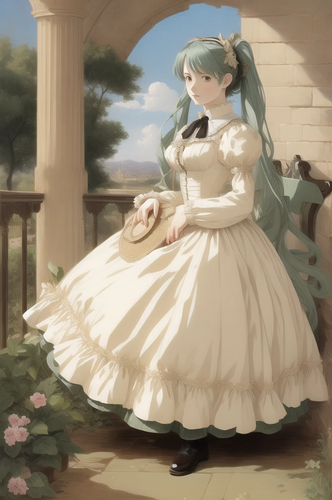Anime art style, 1860, victorian era, petticoat, shiny fabric, crinoline, crinoline skirt, silk, cotton, oil painting, Romanticism, Hatsune Miku,