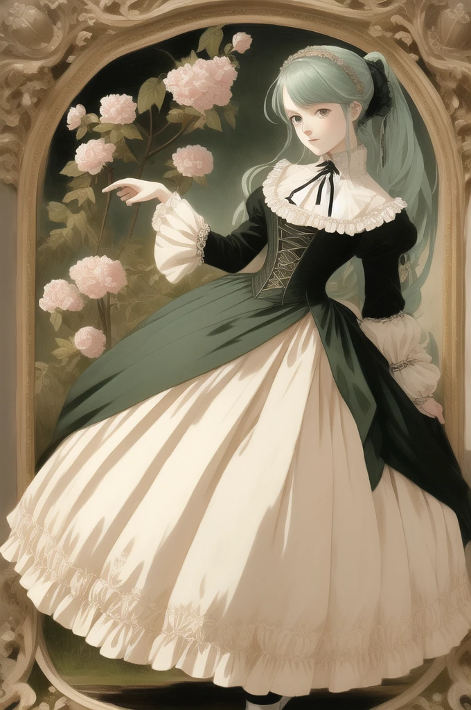 Anime art style, 1860, victorian era, petticoat, shiny fabric, crinoline, crinoline skirt, silk, cotton, oil painting, Romanticism, Hatsune Miku,