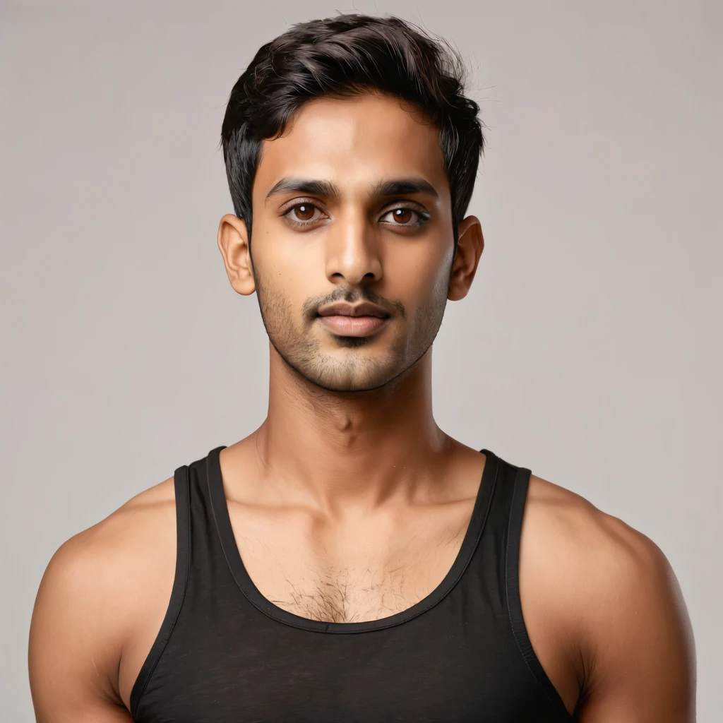 A photorealistic portrait of a 28-year-old Indian man with short hairs brown eyes, a super model jawline, wheatish skin tone with dark brown highlights, dressed in a black tank top and shorts front facing, on a white background.
