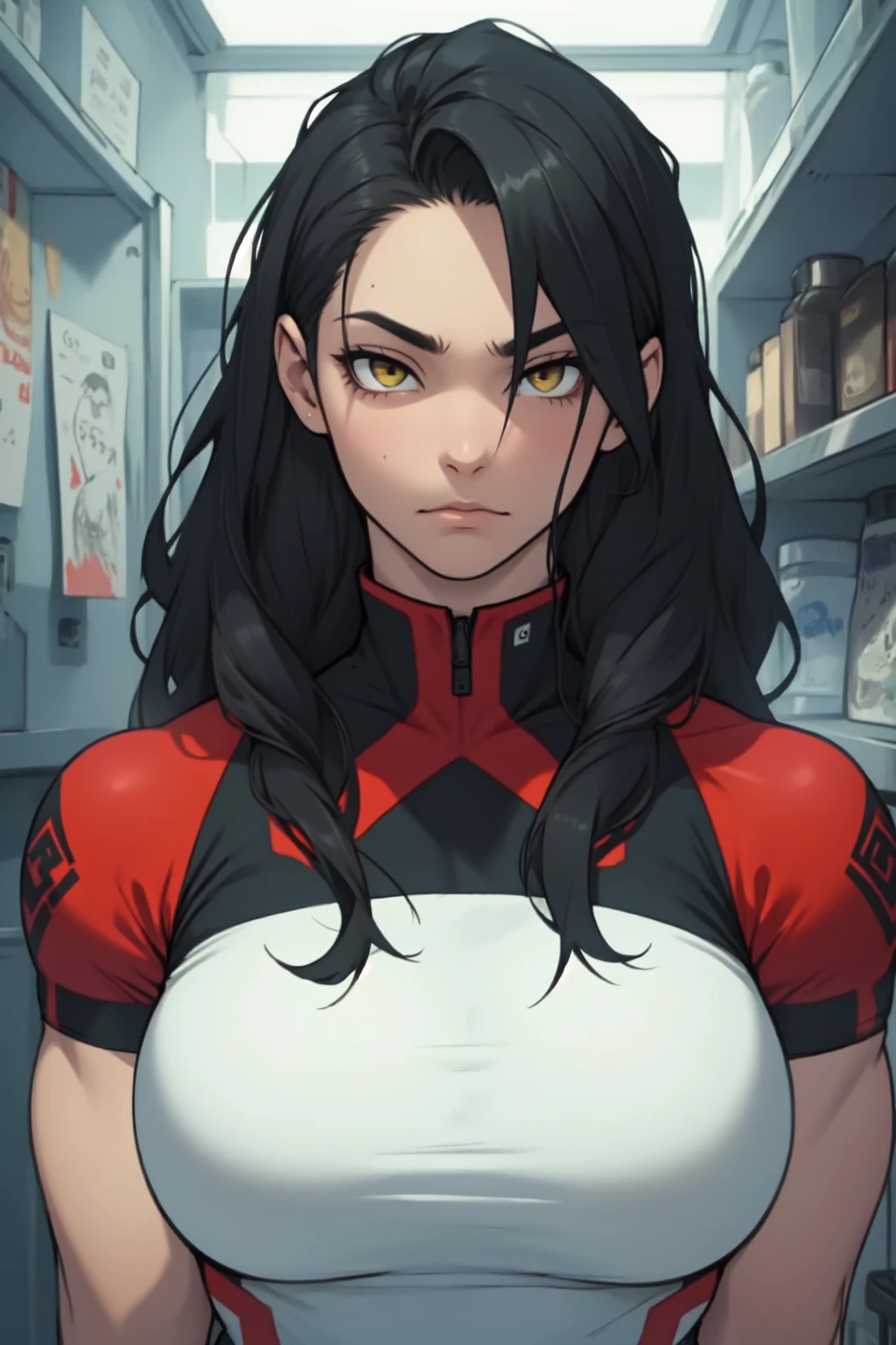 giant muscles huge breasts massive hair pale skin black hair yellow eyes long straight hair sad sad girl sad patterned patterned patterned patterned