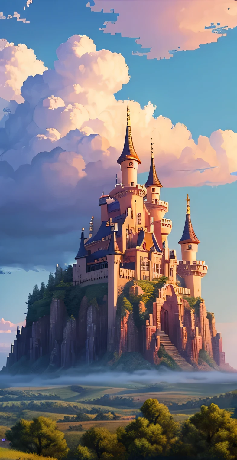 Pixel art、Western-style castle、Towering above the clouds、sky