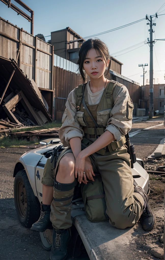 (Ultra-high resolution，High-resolution details，best quality,8K,Realistic photos,Realistic skin texture),A beautiful Japanese American female soldier is about to get off the vehicle, With automatic rifle, Wearing a bulletproof vest, In front of a huge abandoned factory, Pipes mounted on the wall, In front of a crumbling wall, military vehicle, 