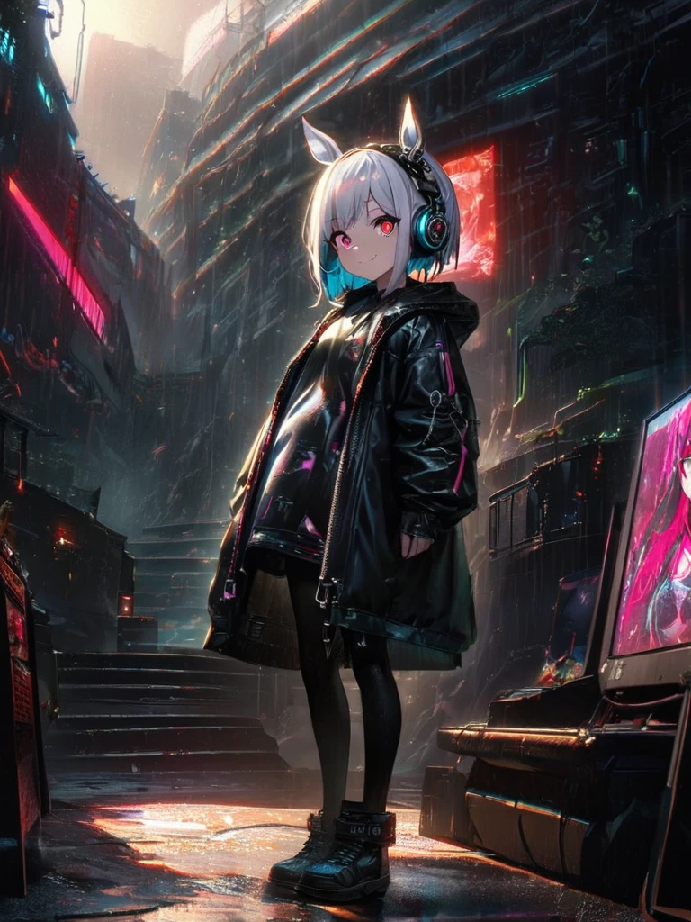 1 Girl, chromatic aberration, Written boundary depth, Soft Light, masterpiece, Highest quality, complicated, Tone Mapping, Very detailed, Art Station, Concept Art, Smooth, Clear focus, Dramatic lighting, Very detailed artwork, movie, super practical painting, Art Station's trending, 8K, Incredible Shadows, practical, (Very detailed background:1.0), whole body, View, Viewers, Very detailed portrait of one girl 1, standing on street corner, Heavy rain and lightning、Dark Sky, neon and cyber punk background, she is dressed in punk clothing with silver chains and silver spikes, Her hair was dyed a bright black color.，The middle part is black, She wears headphones, Detailed red eyes with clear pupils, Ominous aura of light, smile, punk, ciber punk, Backlight.Has horse ears、No knowledge of horses&#39;tail、Changed her hair color to silver and kept everything else the same