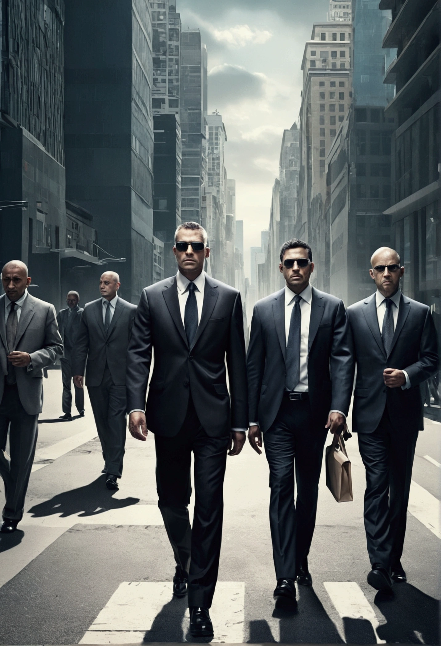 images of subjugated people, mentally manipulated walking on city streets