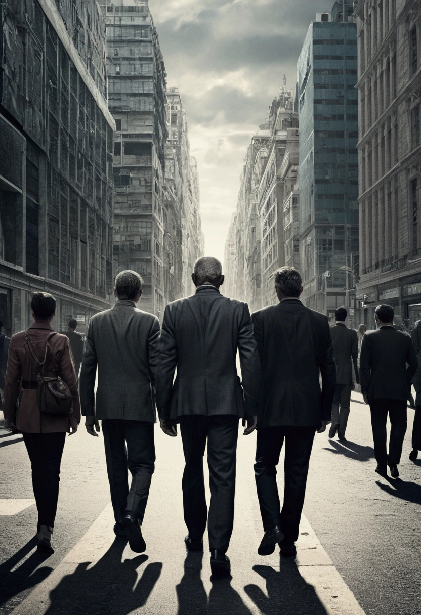 images of subjugated people, mentally manipulated walking on city streets 