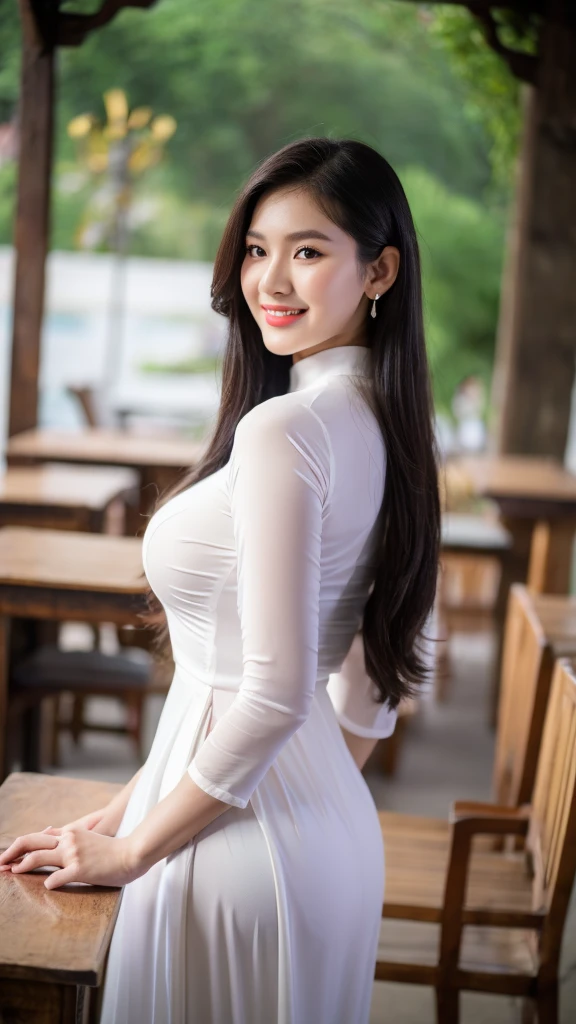 Detailed body, attractive body, perfect human body, realistic face,
(ultimate quality, masterpiece, highres:1.0), realistic:1.6, photorealistic,
[8k UHD photos, UHD high quality photos, Super detailed and super clear images],
Close-up of a Vietnamese girl two head with a detailed body, attractive body, perfect human body, realistic face,
(ultimate quality, masterpiece, highres:1.0), realistic:1.6, photorealistic,
[8k UHD photos, UHD high quality photos, Super detailed and super clear images],
Close-up of a Vietnamese girl with a beautiful face, tall and beautiful like a photo model,
, leggy, round face, big round eyes, Charming smile, Red lips, long curly eyelashes, big dimples, pointed chin, plump face, bright white skin, slim waist and long legs, wearing rings and earrings,
 Her face resembles Tuyet Linh, Tall and plump figure, wearing see-through ao dai, sitting in the classroom, view from side, sexy pose,
See-through ao dai, clearly see the body inside,
