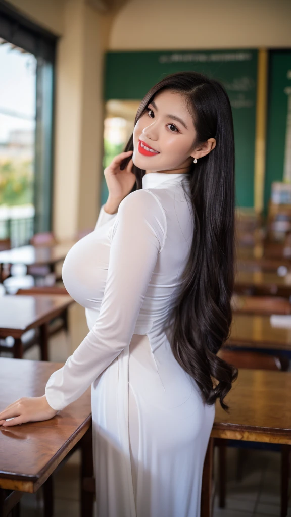 Detailed body, attractive body, perfect human body, realistic face,
(ultimate quality, masterpiece, highres:1.0), realistic:1.6, photorealistic,
[8k UHD photos, UHD high quality photos, Super detailed and super clear images],
Close-up of a Vietnamese girl two head with a detailed body, attractive body, perfect human body, realistic face,
(ultimate quality, masterpiece, highres:1.0), realistic:1.6, photorealistic,
[8k UHD photos, UHD high quality photos, Super detailed and super clear images],
Close-up of a Vietnamese girl with a beautiful face, tall and beautiful like a photo model,
, leggy, round face, big round eyes, Charming smile, Red lips, long curly eyelashes, big dimples, pointed chin, plump face, bright white skin, slim waist and long legs, wearing rings and earrings,
 Her face resembles Tuyet Linh, Tall and plump figure, wearing see-through ao dai, sitting in the classroom, view from side, sexy pose,
See-through ao dai, clearly see the body inside,
