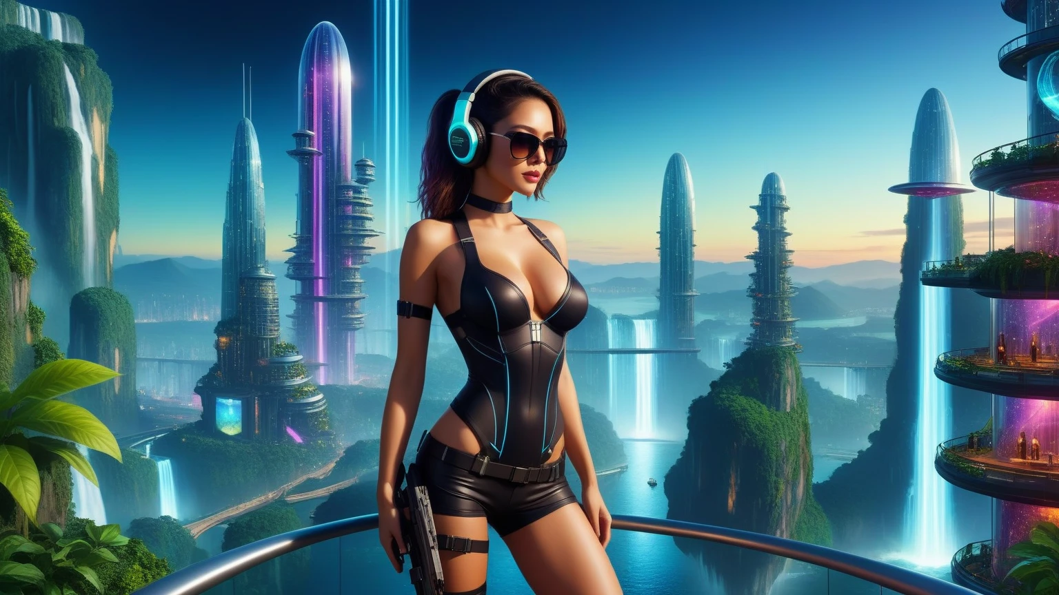 Futuristic floating city, huge high-tech tablet platform, airship, colorful lights, skyscrapper, transparent path, lush greenery, sky gardens, waterfalls, sparkling river, transparent dome, walkway, tower, very dark night, holographic display, aerial view. (((((1girl, solo, alone))))), large-breast:1.2 slim body, cleavage:1.1, sexy clothes, (headphone, black sunglasses), (((standing and holding pistol pose))), (((half-body thigh level medium shot))), cinematic lighting, lens flare, ray tracing.
