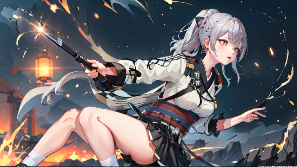 One girl, kimono, ponytail ,Gray Hair, Grey Eyes, wallpaper, landscape, Depth of written boundary, night,Shinsengumi, Kyoto, Holding a Japanese sword in his right hand, Striped pattern, Particles of light, light, Side Lighting, Thighs, destiny \(series\), Genshin Impact, Open jacket, skirt, Knee socks, cloud,