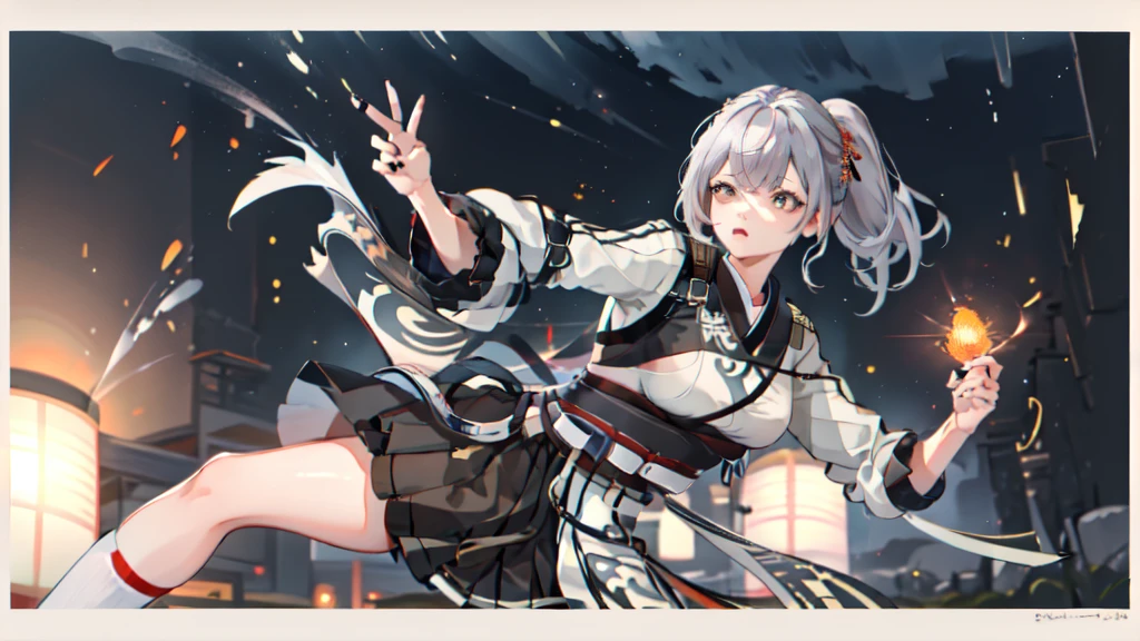 One girl, kimono, ponytail ,Gray Hair, Grey Eyes, wallpaper, landscape, Depth of written boundary, night,Shinsengumi, Kyoto, Holding a Japanese sword in his right hand, Striped pattern, Particles of light, light, Side Lighting, Thighs, destiny \(series\), Genshin Impact, Open jacket, skirt, Knee socks, cloud,