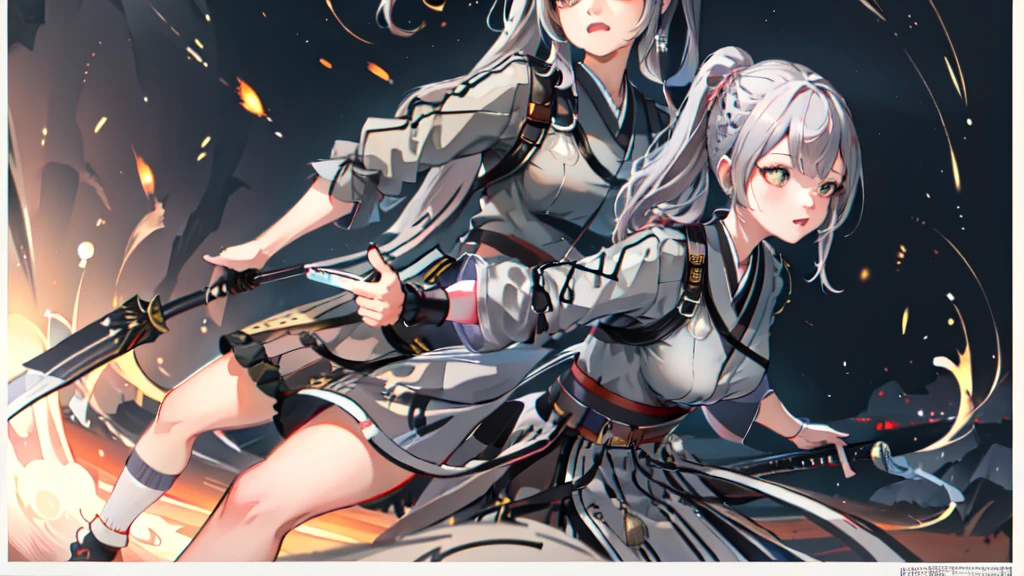 One girl, kimono, ponytail ,Gray Hair, Grey Eyes, wallpaper, landscape, Depth of written boundary, night,Shinsengumi, Kyoto, Holding a Japanese sword in his right hand, Striped pattern, Particles of light, light, Side Lighting, Thighs, destiny \(series\), Genshin Impact, Open jacket, skirt, Knee socks, cloud,