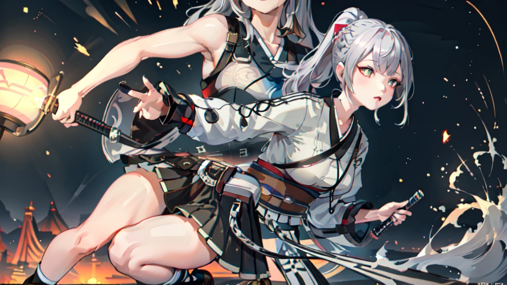 One girl, kimono, ponytail ,Gray Hair, Grey Eyes, wallpaper, landscape, Depth of written boundary, night,Shinsengumi, Kyoto, Holding a Japanese sword in his right hand, Striped pattern, Particles of light, light, Side Lighting, Thighs, destiny \(series\), Genshin Impact, Open jacket, skirt, Knee socks, cloud,