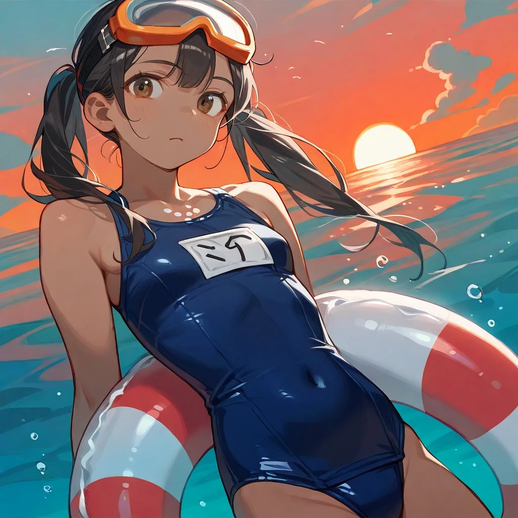 score_9_up, score_8_up, score_7_up, score_6_up, source_アニメ,2d, flat、Black Hair、Pigtails、Navy blue school swimsuit、Brown skin, glowing skin、(Red polka dots swim ring wrapped around chest)、Red underwater goggles, ocean、Sunset, evening