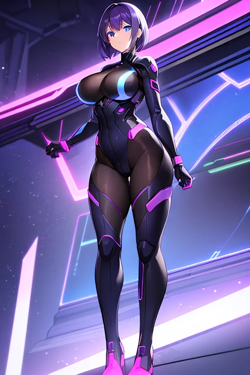 1girl, blue eyes, purple hair, very short hair, large breasts, hourglass figure, bodysuit, black bodysuit, neon, neon trim, machinery, tech, science-fiction, futuristic, standing, full body, ((full body)), pantyhose,