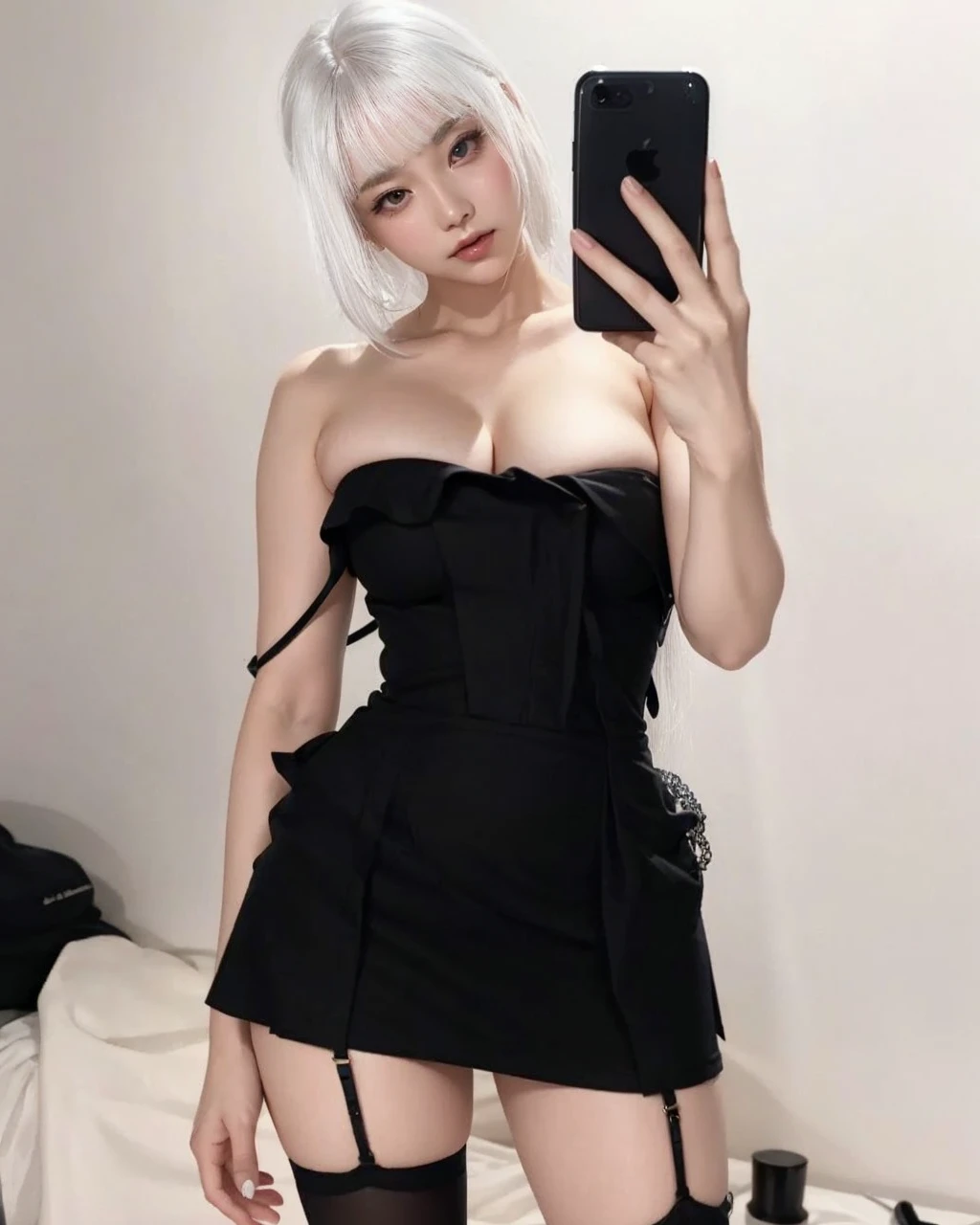 white hair, neckline, wavy hair, , pale, korean light makeup, thick thighs