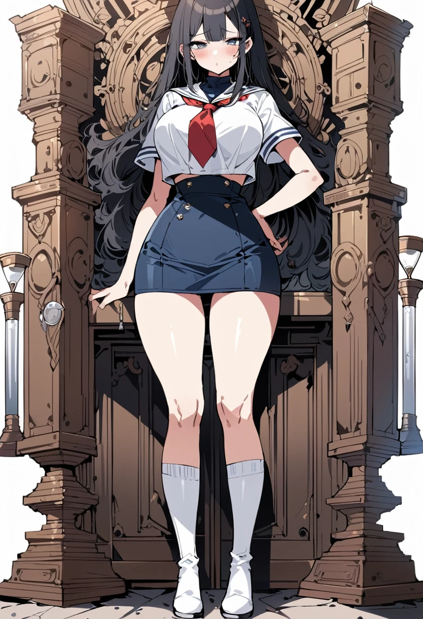 (anime,8K,Highest quality, masterpiece:1.2),((Super detailed,Detailed beautiful girl:1.4)),1 Girl,Full Body Shot, anime ,(face),Beautiful Eyes,Digression,kodachi kuno,Black Hair,笑face,Pause,Long legs,Hourglass Shape,Short sleeve,Navy blue mini skirt,White Sailor Suit,White knee-high socks,Big Breasts,Red tie