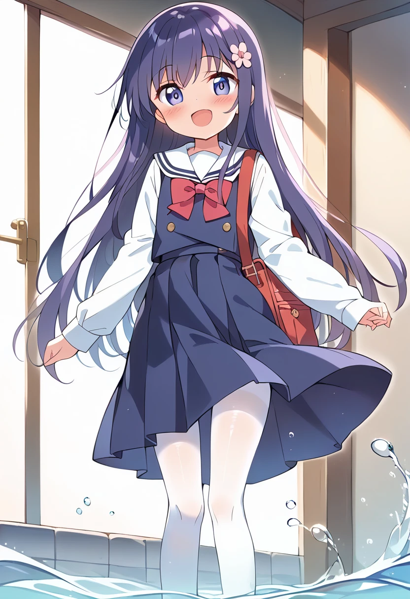 score_9, score_8_up, score_7_up, source_アニメ, masterpiece, 1girl, work, school uniform, blue dress, sailor dress, pinafore dress, white sailor collar,white shirt, red bowtie, long sleeves, flat chest, white pantyhose, loafers, White socks、cowboy shot, looking at viewer, indoors, open mouth, shiny hair, smile, Open your mouth, cuteポーズ, (Completely flooded)、Immersed in water、Transparent pool, Water Play, Primary school students、Skirt fully open、Long wide skirt、cute、blush、Watery eye、Lots of water、Wet、((The skirt spreads over the water surface.))、(Drowning)、