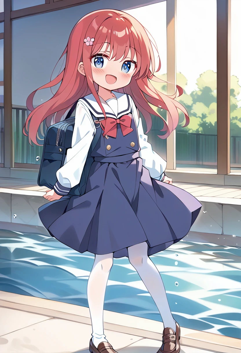 masterpiece, best quality, ultra-detailed, agnes digital \(umamusume\), ((school_swimsuits)), blush, sunny, sitting, from front, from below, looking at viewer, barefoot,