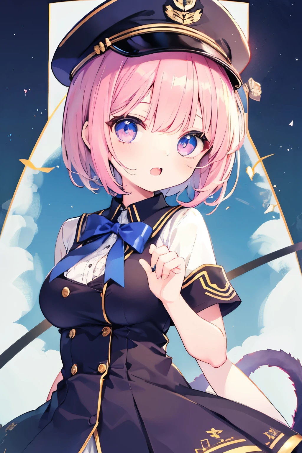 navy uniform、Very beautiful and Shining Eyes、Shining Eyes、1 Girl、Small breasts、Big Mouth、high school girl、Large Breasts、Cat ear、Transparent pink short hair、7--old l