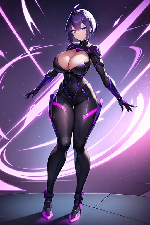 1girl, blue eyes, purple hair, very short hair, large breasts, hourglass figure, bodysuit, black bodysuit, neon, neon trim, machinery, tech, science-fiction, futuristic, standing, full body, ((full body)), pantyhose,