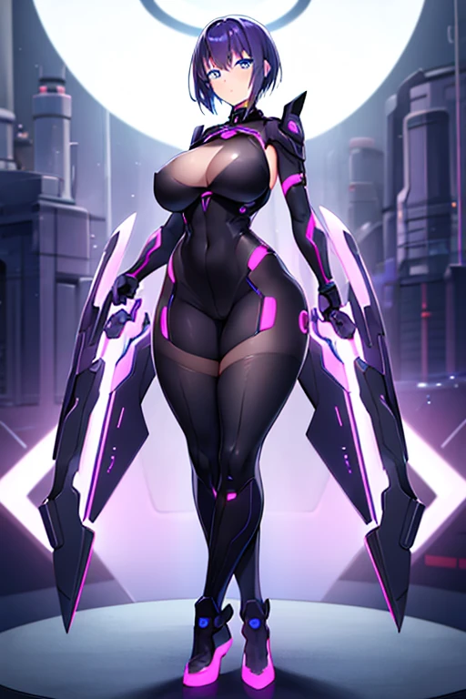 1girl, blue eyes, purple hair, very short hair, large breasts, hourglass figure, bodysuit, black bodysuit, neon, neon trim, machinery, tech, science-fiction, futuristic, standing, full body, ((full body)), pantyhose,