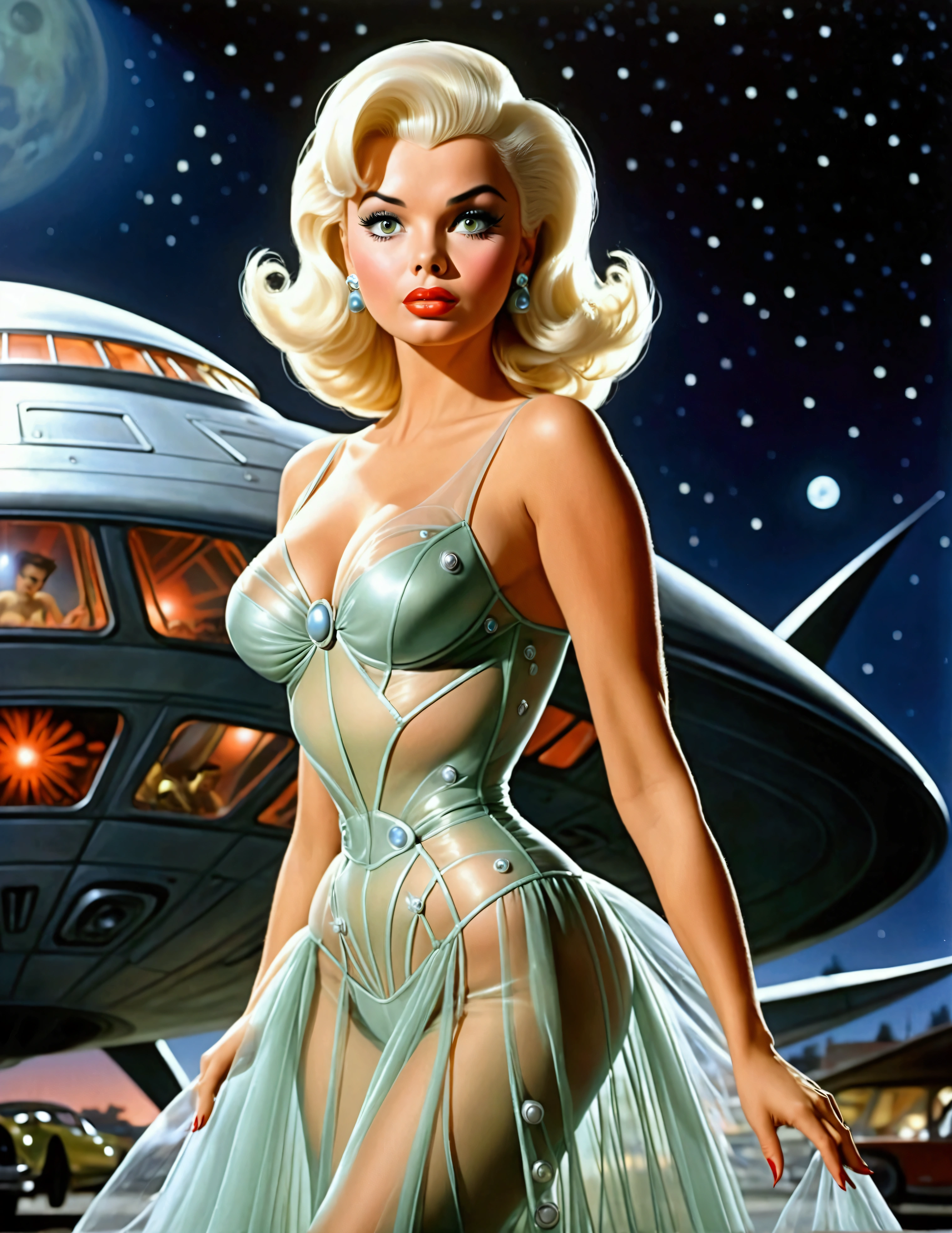 Jayne Mansfield, age 25, (alien sheer gown, 50s styling, odd makeup) as an alien princess, space ship behind her (landing gear down) seductive approach to viewer, suburb at night