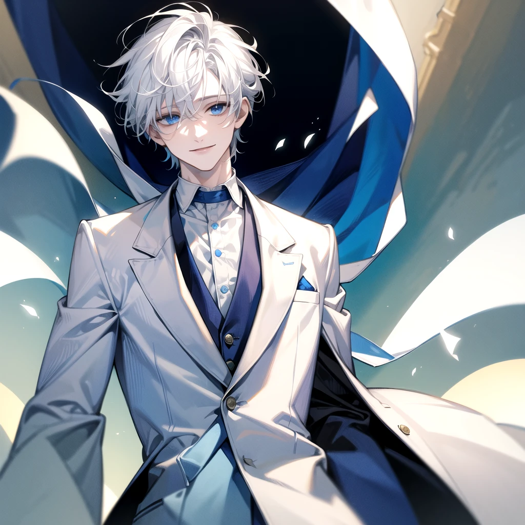 ((Masterpiece)), Best Quality, Ultra Detailed, Floating, High Resolution, (1 boy), short hair, white hair, blue eyes, smile facial, white shirt, white blazer