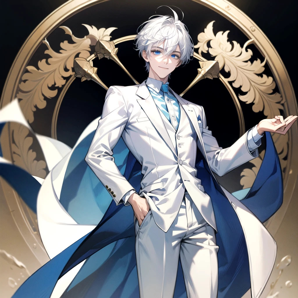 ((Masterpiece)), Best Quality, Ultra Detailed, Floating, High Resolution, (1 boy), short hair, white hair, blue eyes, smile facial, white shirt, white blazer
