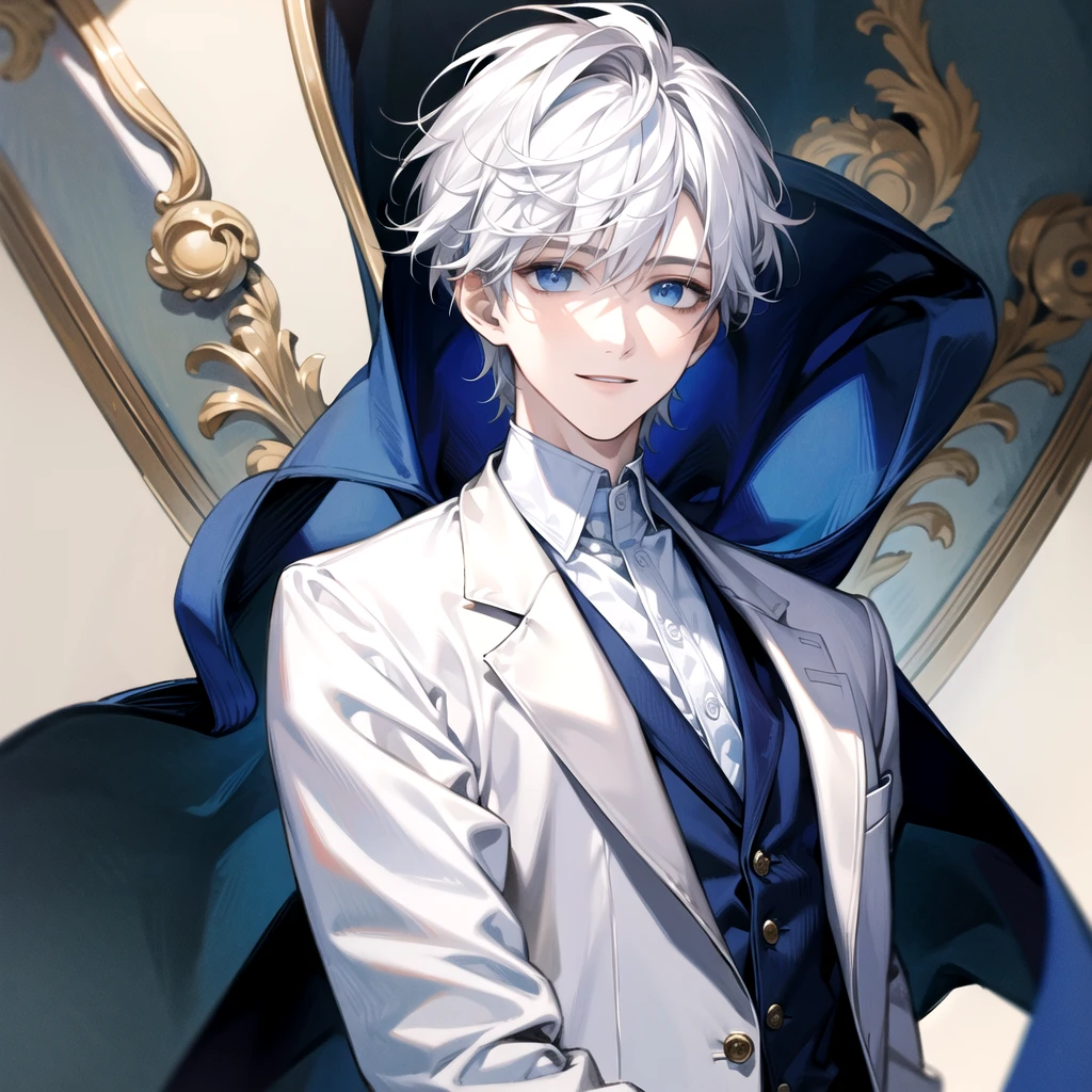 ((Masterpiece)), Best Quality, Ultra Detailed, Floating, High Resolution, (1 boy), short hair, white hair, blue eyes, smile facial, white shirt, white blazer