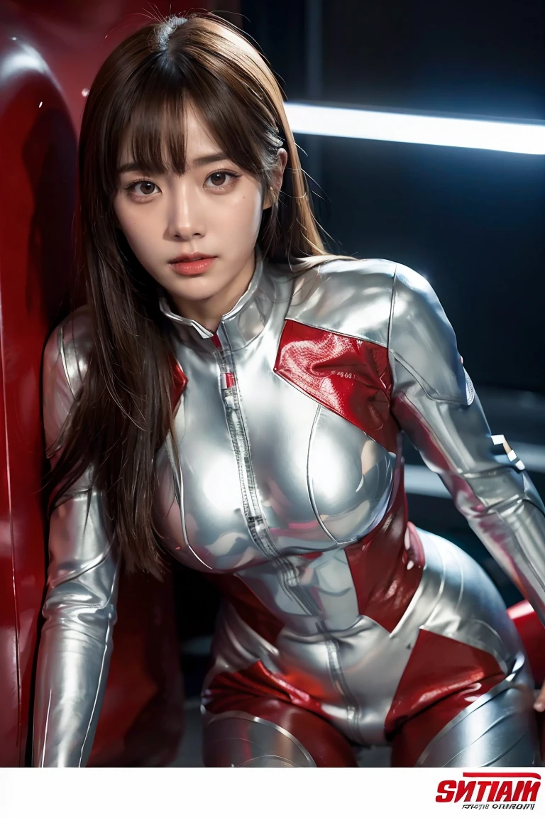 Ultraman、realistic、realistic、cinematic lighting, Girl in a shiny red and silver suit、、professional photos、Don'Do not expose your skin, japanese model, japanese cgi、Ultraman Suit、, Power Rangers Suit、tight and thin cyber suit,Whole body rubbery、There's pink There、 delicate body, big breasts、small ass、thin thighs、thin arms、thin waist、camel toe、Both sides of the cyber suit stick to the skin、Big eyes、black short hair、facing the front、facing the front立っている、A glowing sphere is embedded in the chest.、Essay Examination、 blue sky background