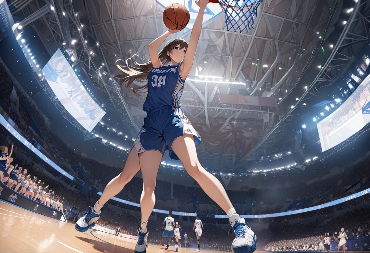 ((Masterpiece, top quality, high resolution)), ((highly detailed CG unified 8K wallpaper)), Women's basketball player, making a powerful dunk shot, seen from below, dynamic sports photo,