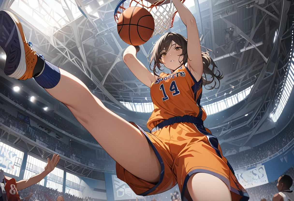 ((Masterpiece, top quality, high resolution)), ((highly detailed CG unified 8K wallpaper)), Women's basketball player, making a powerful dunk shot, seen from below, dynamic sports photo,