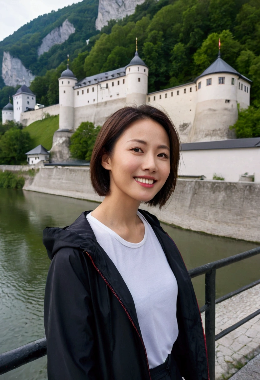high quality, 1 woman, ((36-year-old healthy Korean woman)), ((36 years old)), 1 woman, eyes are big and beautiful. ((slim)), ((short medium hair)), Smile. pose: standing, windbreaker jacket, background:Your residence is a baroque townhouse with a plaster façade and wrought iron railings.. Overlooking the misty Salzach River and Hohensalzburg Fortress., red light of sunset, looking slightly up, 1 woman, Full body shot with Canon 16-34 wide angle lens, river view, looking up the side, 