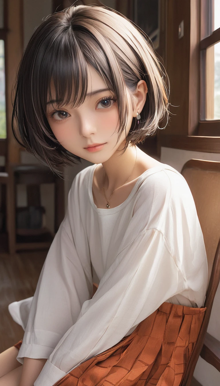 (masterpiece, Highest quality:1.2), One girl, alone,bony body、15 years old、, Extra Short Hair, Side lock hair