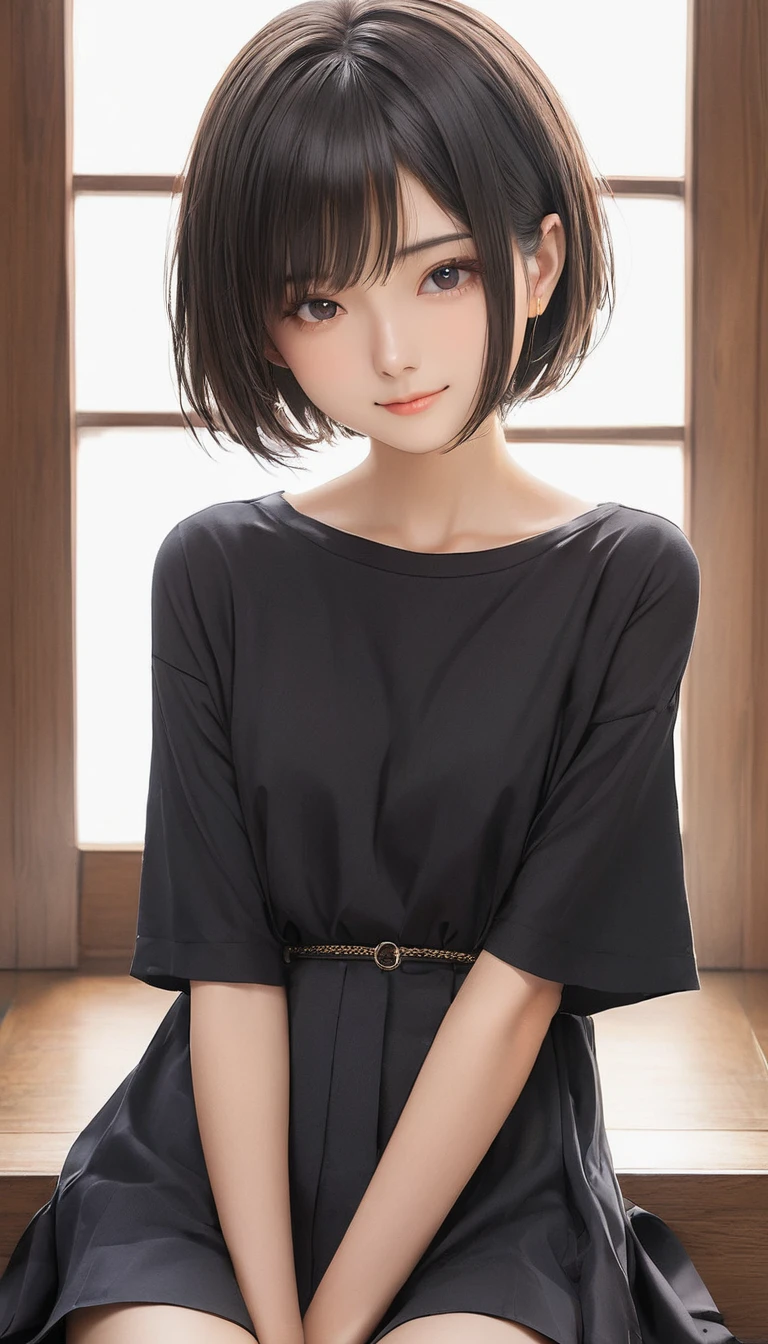 (masterpiece, Highest quality:1.2), One girl, alone,bony body、15 years old、, Extra Short Hair, Side lock hair