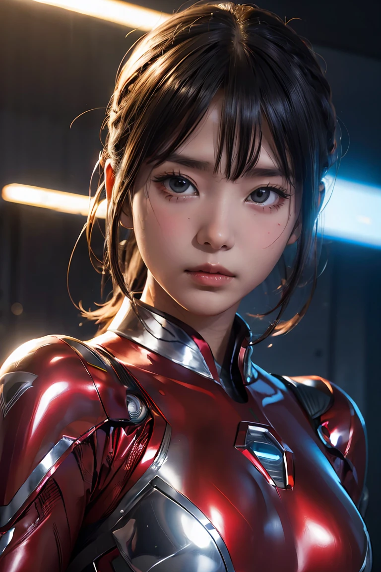 Ultraman、realistic、realistic、cinematic lighting, Girl in a shiny red and silver suit、15 years old、professional photos、Don&#39;Do not expose your skin, japanese model, japanese cgi、Ultraman Suit、, Power Rangers Suit、tight and thin cyber suit,Whole body rubbery、There&#39;s pink There、 delicate body, big breasts、small ass、thin thighs、thin arms、thin waist、camel toe、Both sides of the cyber suit stick to the skin、Big eyes、black short hair、facing the front、facing the front立っている、A glowing sphere is embedded in the chest.、Essay Examination、 blue sky background