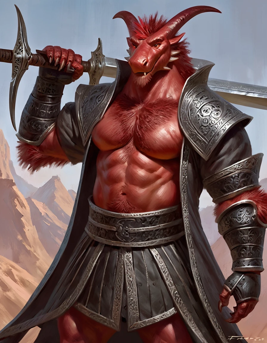 Anthropomorphic dragon boasts a "soft beefy" physique. The "soft" aspect of his physique is achieved through a meticulous distribution of muscle and fat that creates a sense of comfort and approachability. skin is a rich, deep black, with a subtle shimmer that hints at his hidden nobility. His eyes are a piercing shade of Imperial red, framed by thick eyebrows that arch over them in a constant state of curiosity. His attire, a black gambeson padded overcoat vestment with striking red salmon accents and intricate silver metal ornaments, is both functional and symbolic. The gambeson, a padded garment, is tailored to allow for a full range of motion, emphasizing his agility despite his size. The armor's design is meticulously crafted, with each detail serving a purpose. The imperial red accents trace the contours of his muscles, highlighting his physical power and determination. The silver metal ornaments are strategically placed to protect vital areas while also enhancing his aesthetic appeal. Leox's fur is predominantly black with salmon red-colored highlights. The fur on his torso and limbs is dense yet well-managed, giving him a sleek and powerful look. His chest hair is kept at a moderate length, framing his broad pectoral muscles. Large axe like fangs. Wield a slashing blade in a rapier-like's hilt. Fast Strike action pose. Detailed illumination, shadows and details in all the art. Highly inspired Taran Fiddler art Style