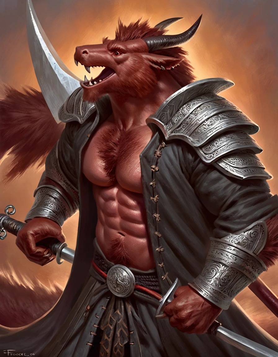 Anthropomorphic dragon boasts a "soft beefy" physique. The "soft" aspect of his physique is achieved through a meticulous distribution of muscle and fat that creates a sense of comfort and approachability. skin is a rich, deep black, with a subtle shimmer that hints at his hidden nobility. His eyes are a piercing shade of Imperial red, framed by thick eyebrows that arch over them in a constant state of curiosity. His attire, a black gambeson padded overcoat vestment with striking red salmon accents and intricate silver metal ornaments, is both functional and symbolic. The gambeson, a padded garment, is tailored to allow for a full range of motion, emphasizing his agility despite his size. The armor's design is meticulously crafted, with each detail serving a purpose. The imperial red accents trace the contours of his muscles, highlighting his physical power and determination. The silver metal ornaments are strategically placed to protect vital areas while also enhancing his aesthetic appeal. Leox's fur is predominantly black with salmon red-colored highlights. The fur on his torso and limbs is dense yet well-managed, giving him a sleek and powerful look. His chest hair is kept at a moderate length, framing his broad pectoral muscles. Large axe like fangs. Wield a slashing blade in a rapier-like's hilt. Fast Strike action pose. Detailed illumination, shadows and details in all the art. Highly inspired Taran Fiddler art Style
