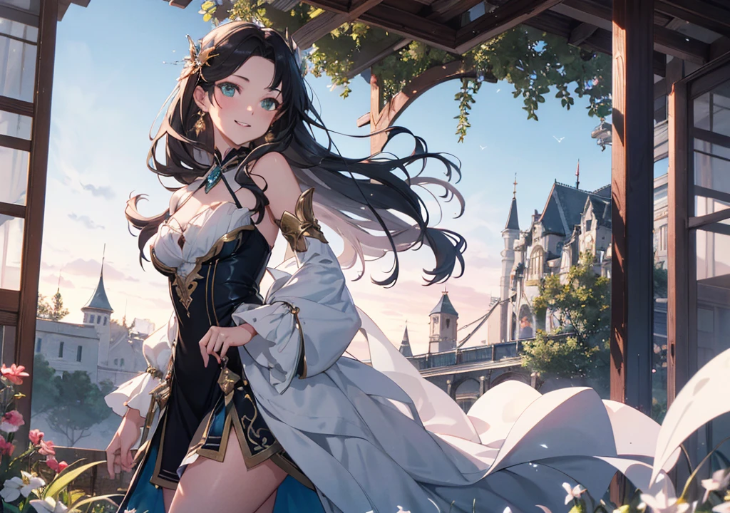 Realistic photos, Focus distance 10mm, Red and white, A big smile, Beautiful girl, Realistic photos, Focus distance 10mmで撮影, masterpiece, 最high quality, high quality, Very detailed CG 8k wallpaper unit, Award-winning photography, Depth of written boundary, High resolution, bloom, chromatic aberration, Realistic, Very detailed, Art Station Trends, CGsociety Trends, Complex, High detail, dramatic, Art on the go, volumetric lighting, A graceful princess with flowing black hair, in a pale green dress with golden accents, inspired by Disney's Tiana in her princess form, standing in an enchanted garden