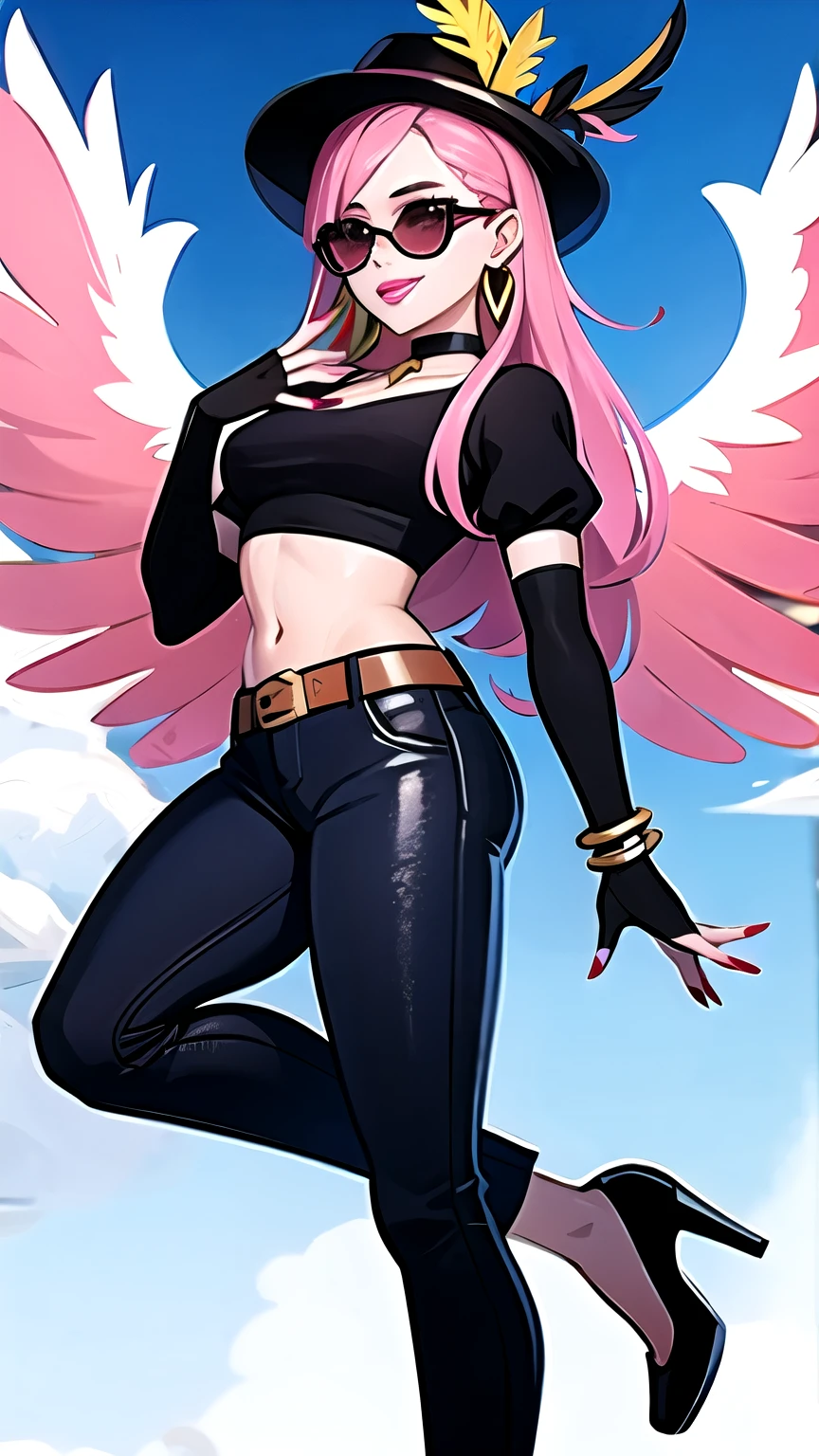 (masterpiece, best quality:1.2), 1girl, solo, city background, haze \(fortnite\), Harpy Haze From fortnite, 1girl, earrings, glasses, hat, jewelry, lips, long hair, looking at viewer, makeup, nail polish, pink eyes, pink hair, pink nails, smile, sunglasses, tinted eyewear, belt, black pants, crop top, eyeshadow, midriff, navel, pants, choker, fingernails, round eyewear, sharp fingernails, standing, black feathers, black headwear, hoop earrings, horned headwear, horns, denim, winged arms, feather trim, star \(symbol\), elbow gloves, dark pink lips, feathers, heels, shoes, angel wings, bangle, black wings, crop top overhang, feathered wings, harpy, low wings, multicolored hair, multicolored wings, pink wings, wings, fingerless gloves, high heels, shirt, long fingernails, boater hat, bootcut pants, leather pants, sleeves, black sleeves, 